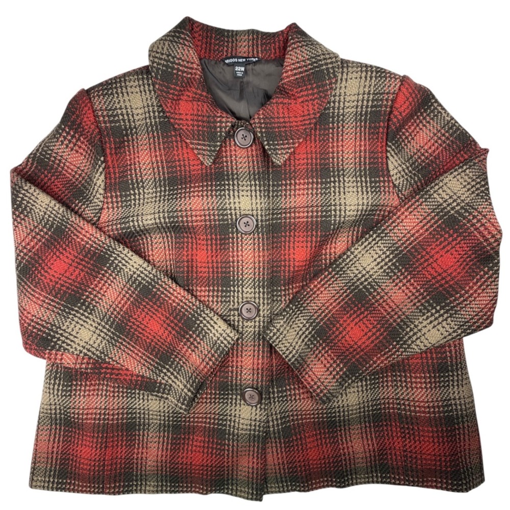 Briggs New York Women's 22W Plaid Blazer Jacket Red Black Tan Plus Size Fall